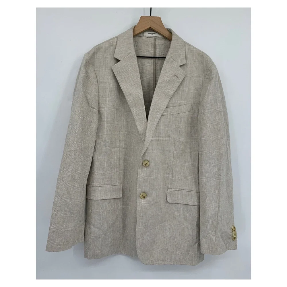 Banana Republic Blazer Mens 42R Beige Glen Plaid Linen Blend Two Button Jacket